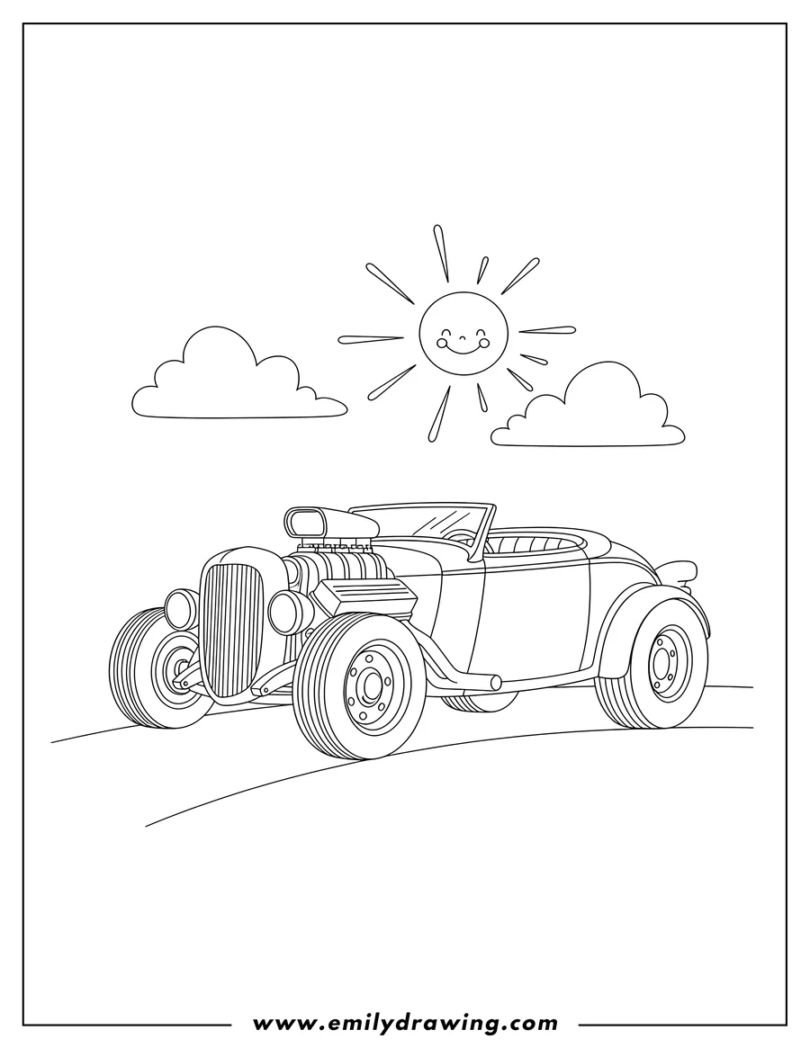 Coloring sheet featuring old School Hot Rod with exposed front wheels and low stance, cruising under open skies