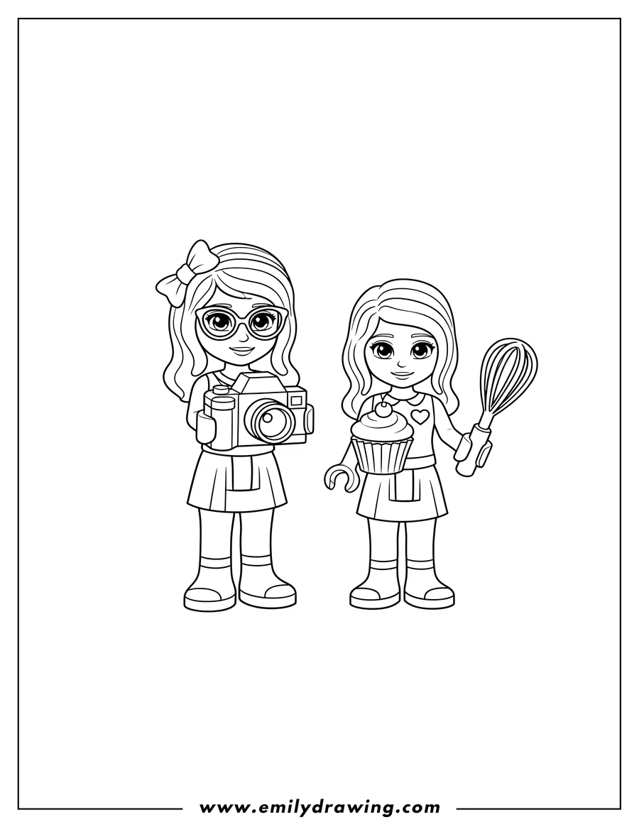 High quality printable adorable Lego Friends Olivia with glasses holding a camera, and Stephanie holding a whisk and cupcake for coloring