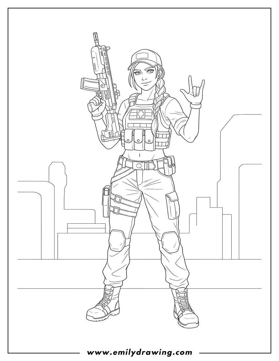 Black and white line art of call Duty Warcom Operator Mara holding a rifle and making a rock-on hand gesture