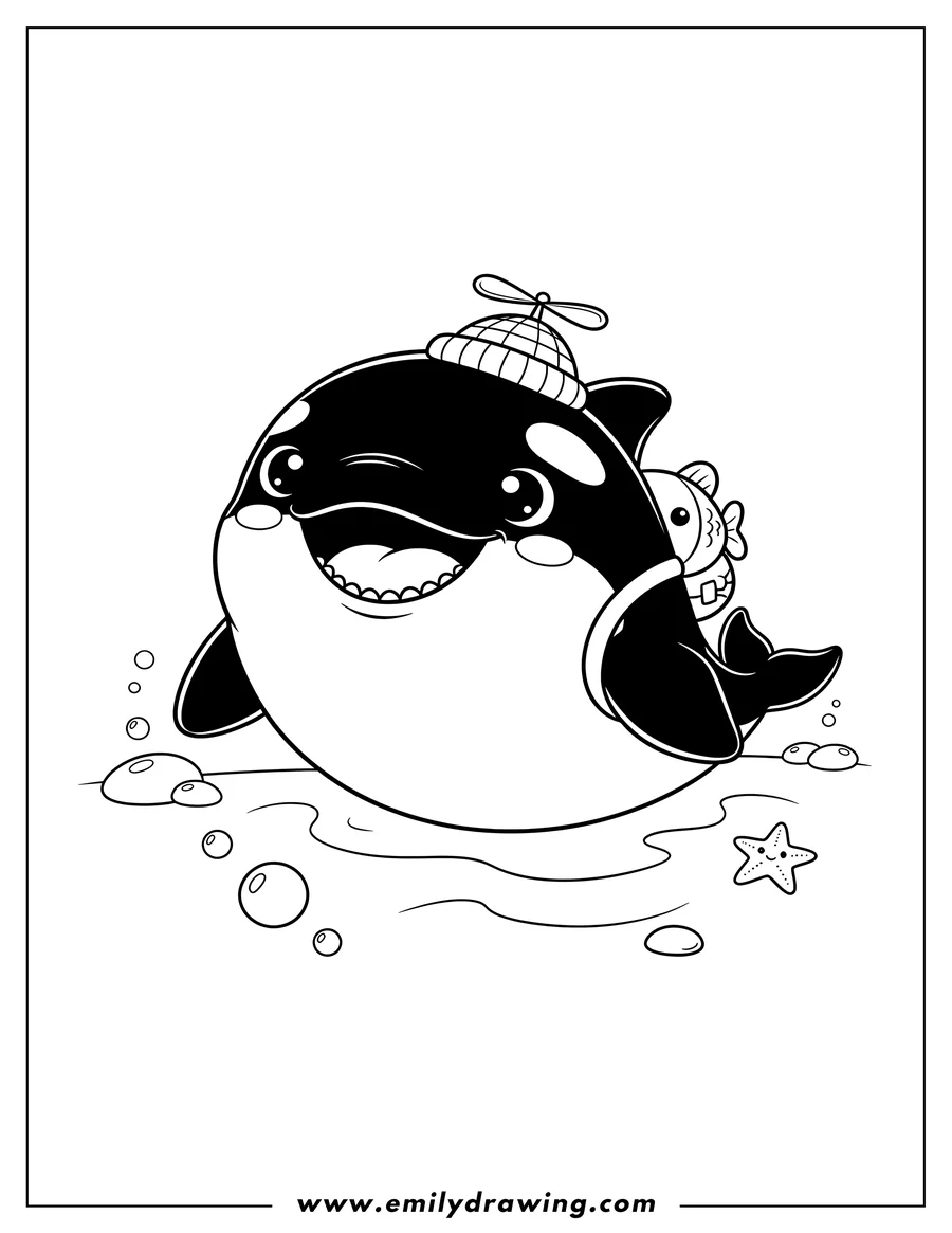 Black and white line art of A Kawaii Orca Preschooler swimming with its mouth open
