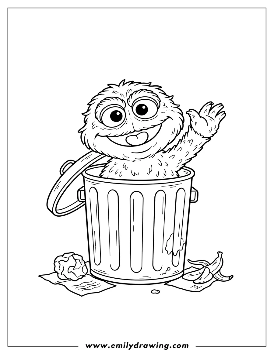 Coloring page for kids: kawaii Oscar Grouch in a trash can, sticking his tongue out and waving