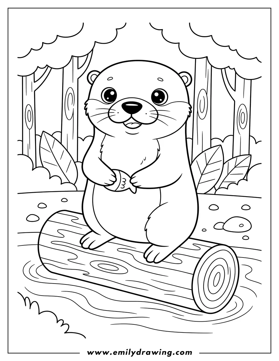 Downloadable coloring page of kawaii Otter standing on a log, looking forward, in a forest