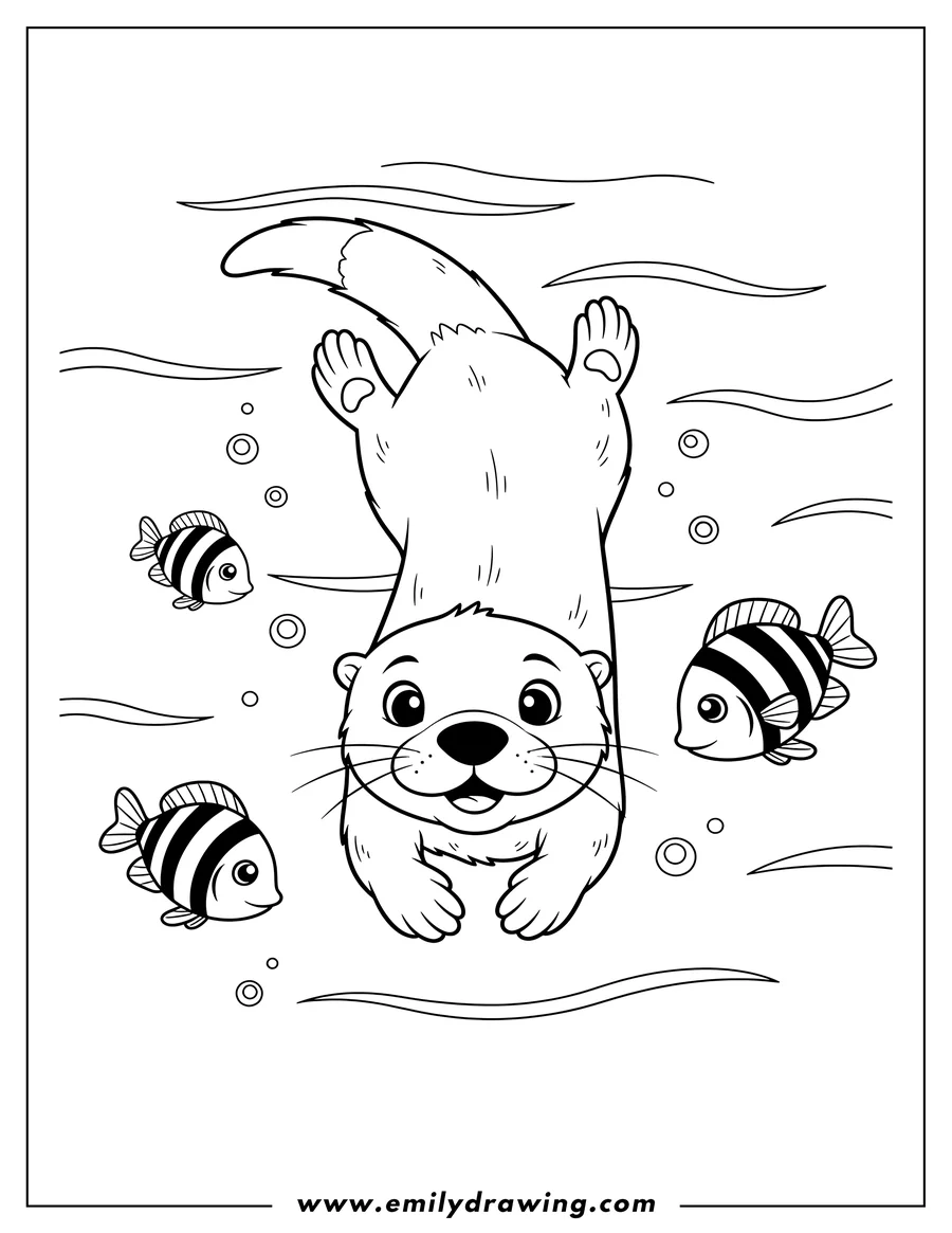 Linear illustration of an otter swimming downward, facing forward, with striped fish