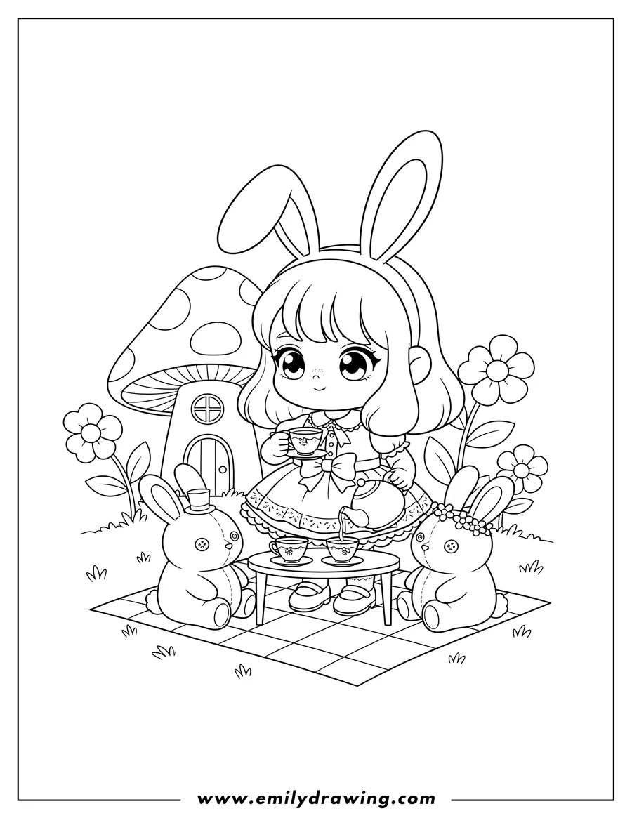 Downloadable coloring page of chibi Girl Wearing Bunny Ears Holding a Teacup and Serving Tea at an Outdoor Tea Party with Two Bunny Plushies