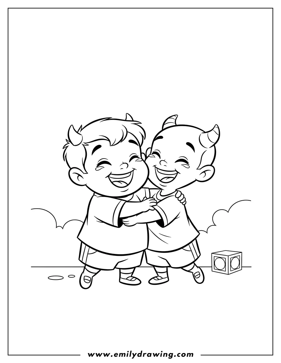 Coloring sheet featuring kawaii Pain and Panic Preschoolers laughing and hugging
