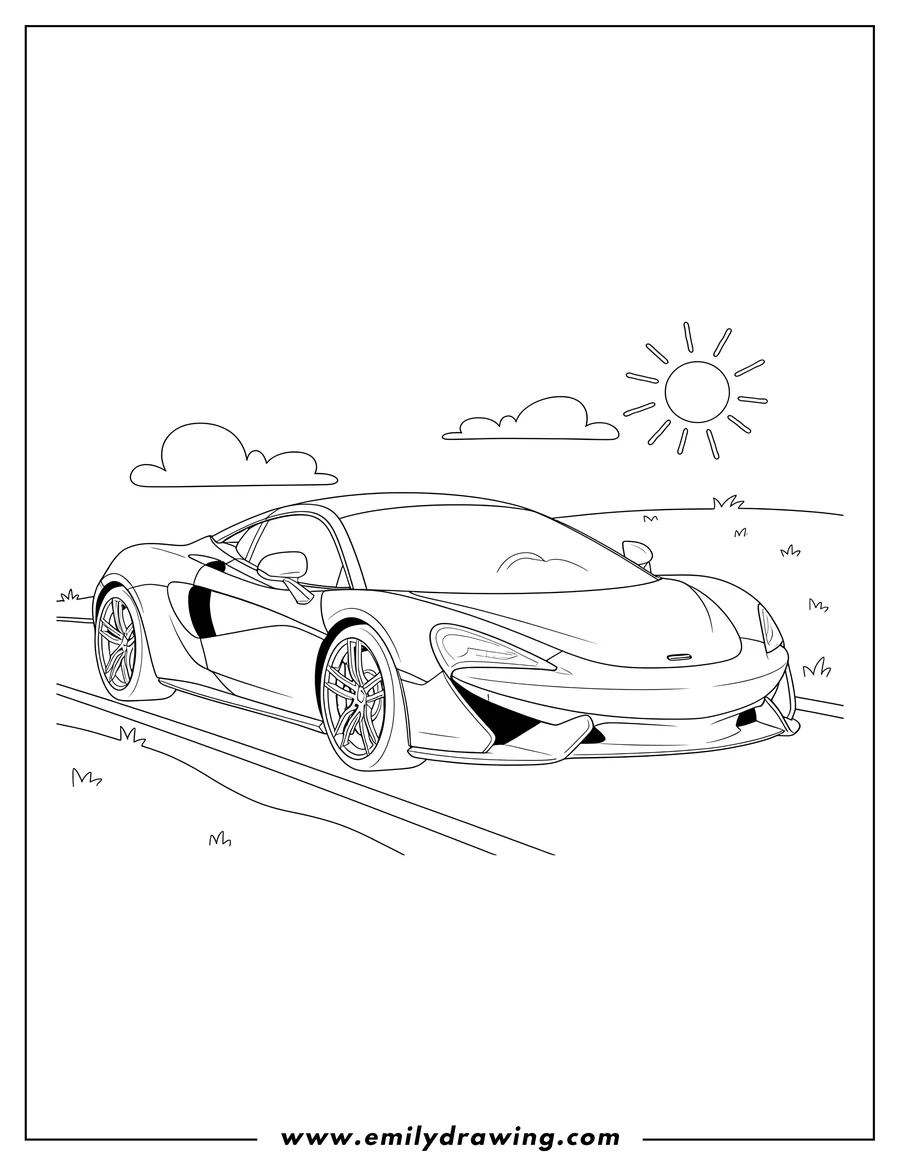 High quality printable parked Mclaren 570S from a 3/4 front view on a road for coloring