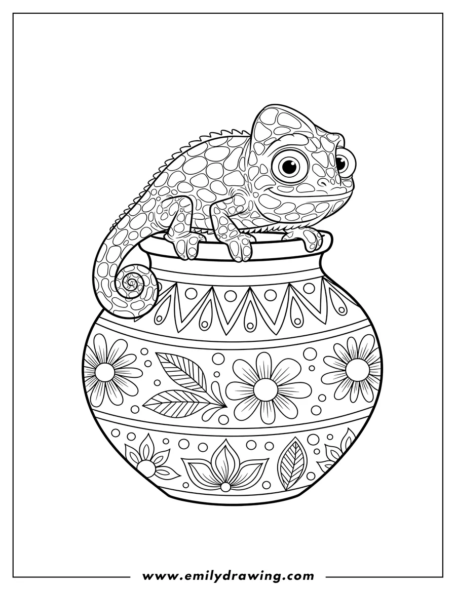 Printable coloring page of pascal From Tangled Scaled, sitting on a decorated pot