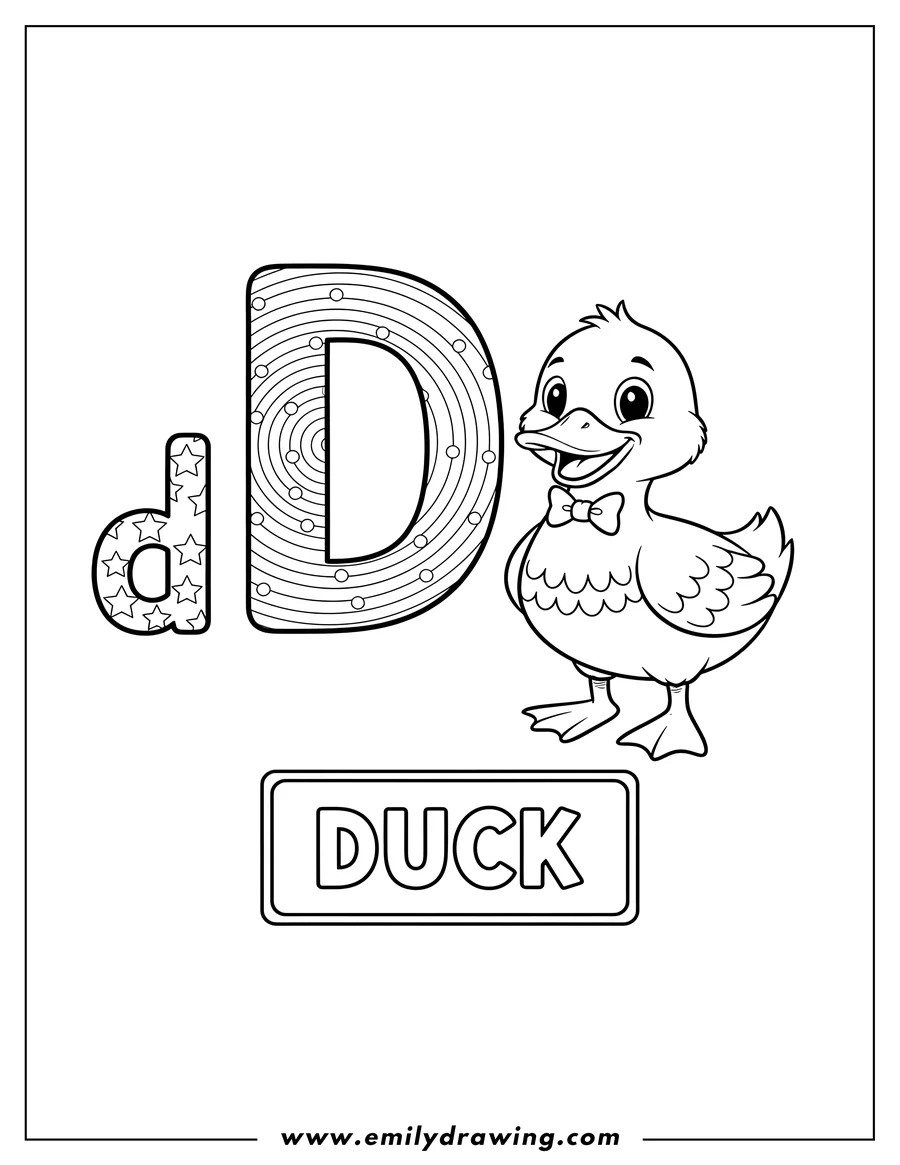 Vector style outline of patterned Letter D (capital with circles, lowercase with stars) with a cartoon duck and the word 'Duck' Flashcard