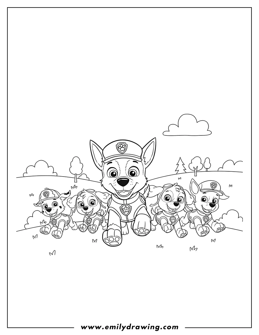 Free printable coloring sheet of paw Patrol Cartoon: Chase leading the pups running
