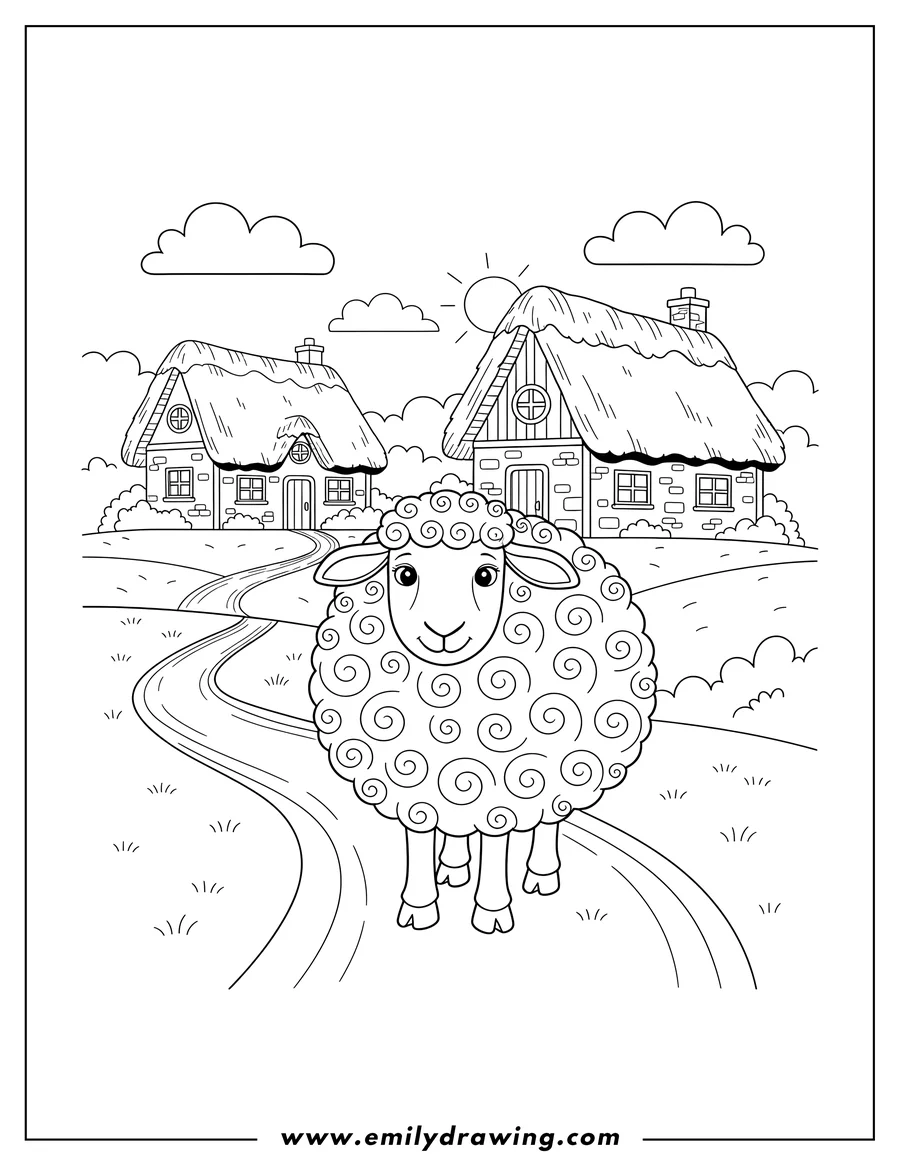 Free to print drawing of peaceful Sheep Countryside Cottage Scene, with a standing sheep looking forward, thatched roof cottages, and a winding path