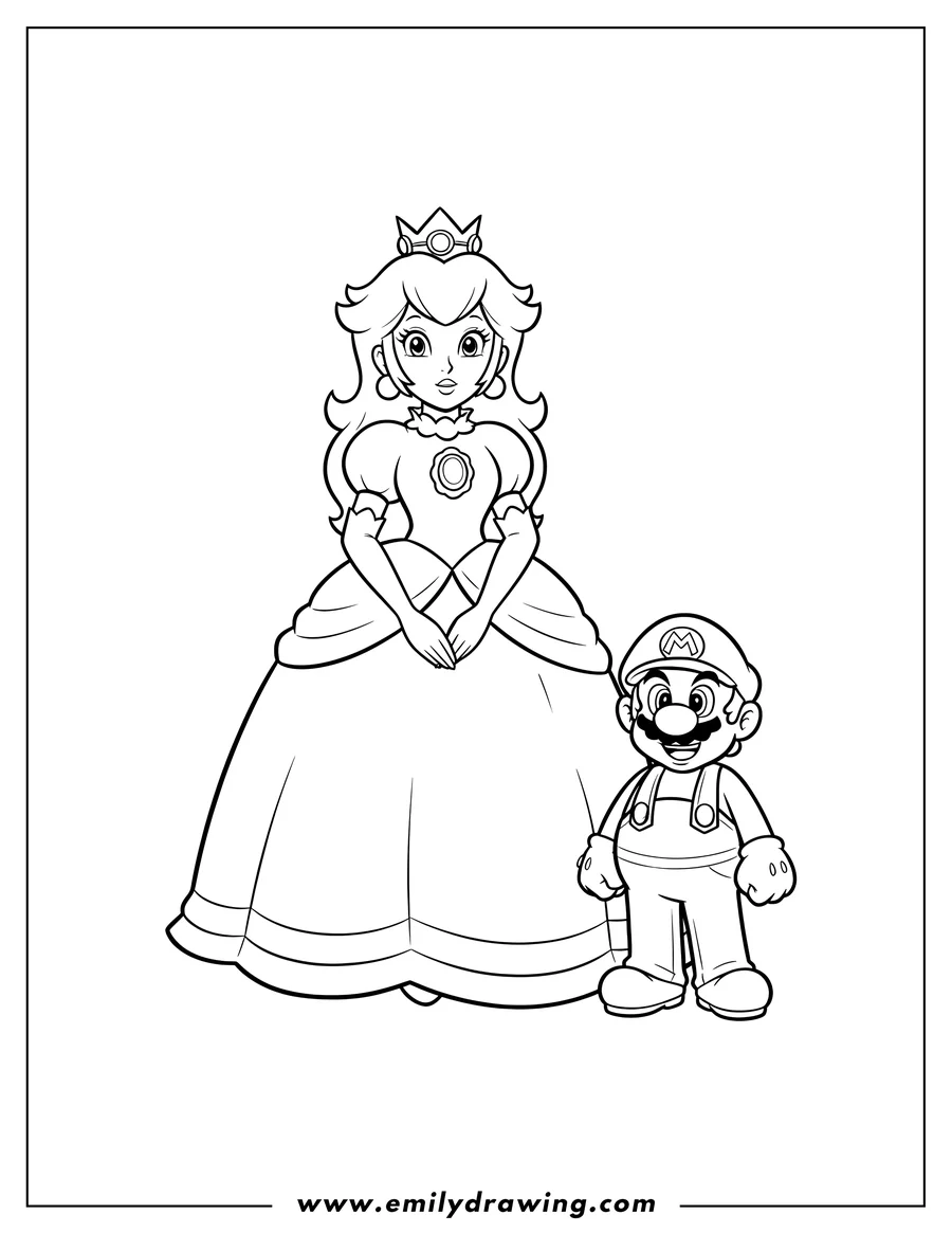 Coloring page for kids: peach And Mario Scaled, standing and smiling