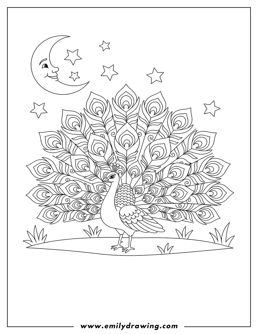Doodle style coloring picture of peacock standing with fanned tail at night with crescent moon and stars