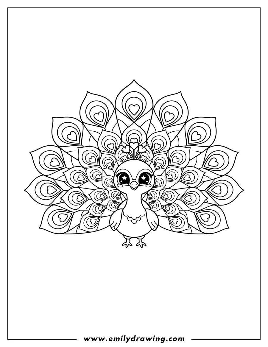 Outline drawing of kawaii Peacock standing with fanned tail