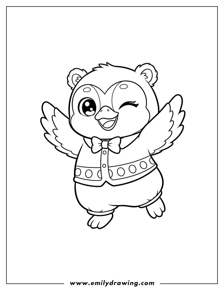 Linear illustration of kawaii Penguala dancing, winking, with outstretched wings