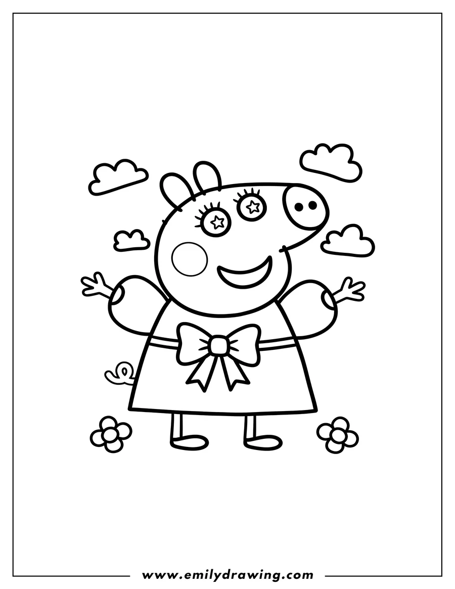 PDF style coloring page: kawaii Peppa Pig standing with arms out