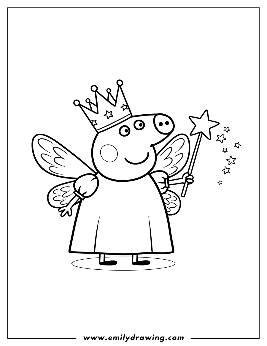 PDF style coloring page: peppa Pig Tooth Fairy wearing a crown, with wings, and holding a wand