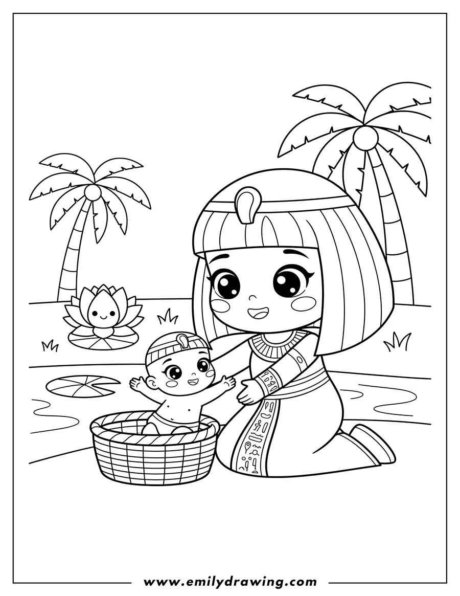 Simple sketch of kawaii Pharoah S Daughter Raising Moses, smiling and reaching out to each other to color