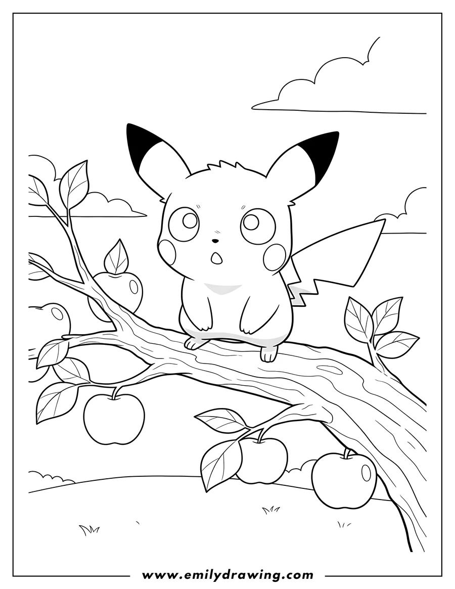 Clean line drawing: pichu on an apple tree branch with wide eyes
