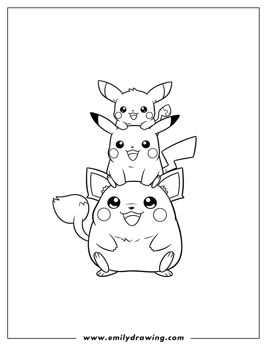 Coloring page for kids: kawaii Pichu, Pikachu, and Raichu stacked on top of each other