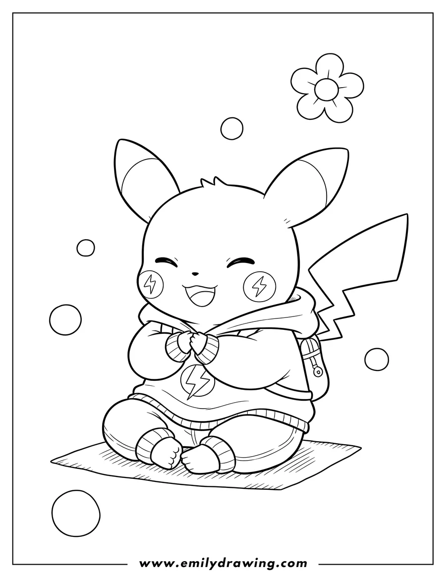 Downloadable coloring page of kawaii Pichu, a preschooler, sitting happily with eyes closed and hands together