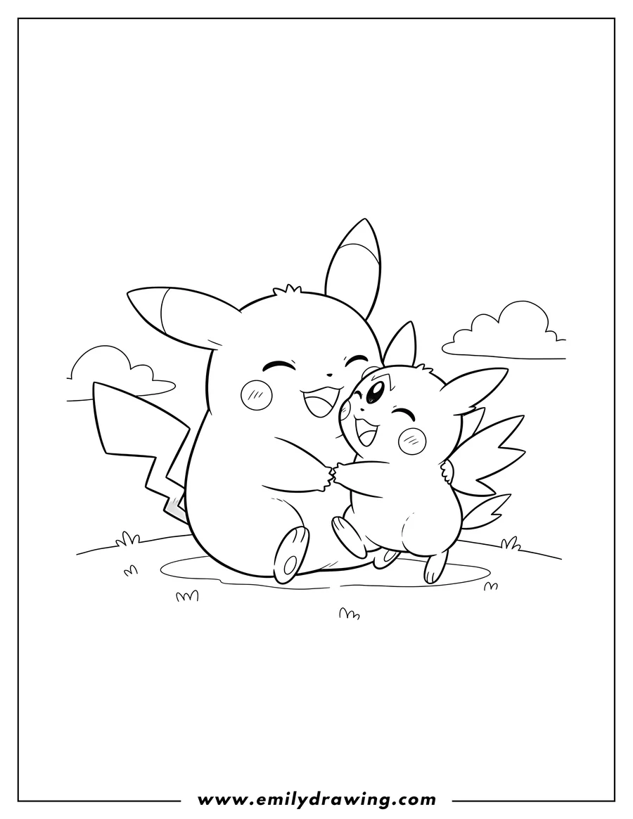 Linear illustration of pichu sitting with Emolga, hugging and smiling