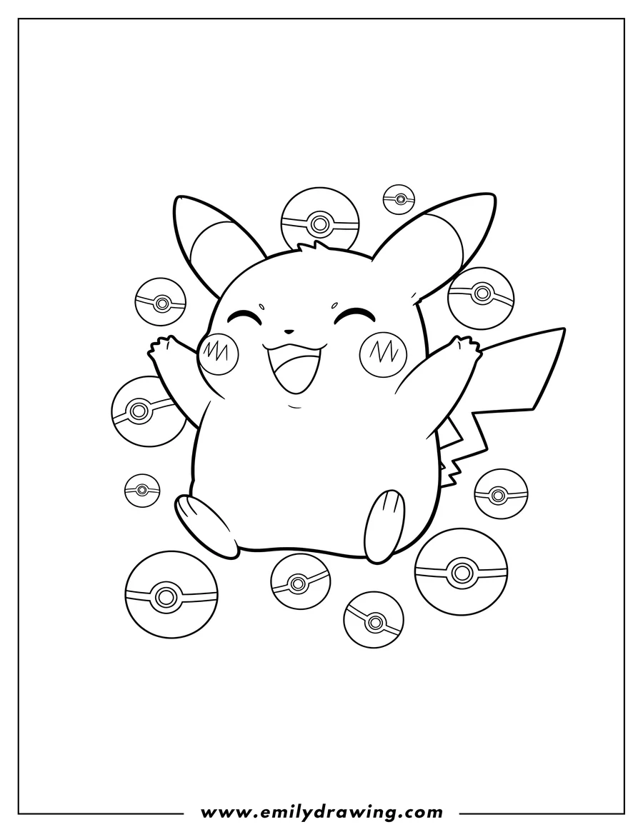 Outline drawing of kawaii Pichu With Pokeballs Background, happily jumping with outstretched arms