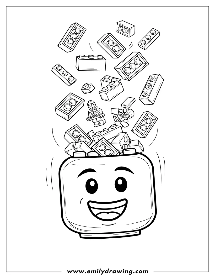 PDF style coloring page: pieces Lego falling into a smiling Lego head