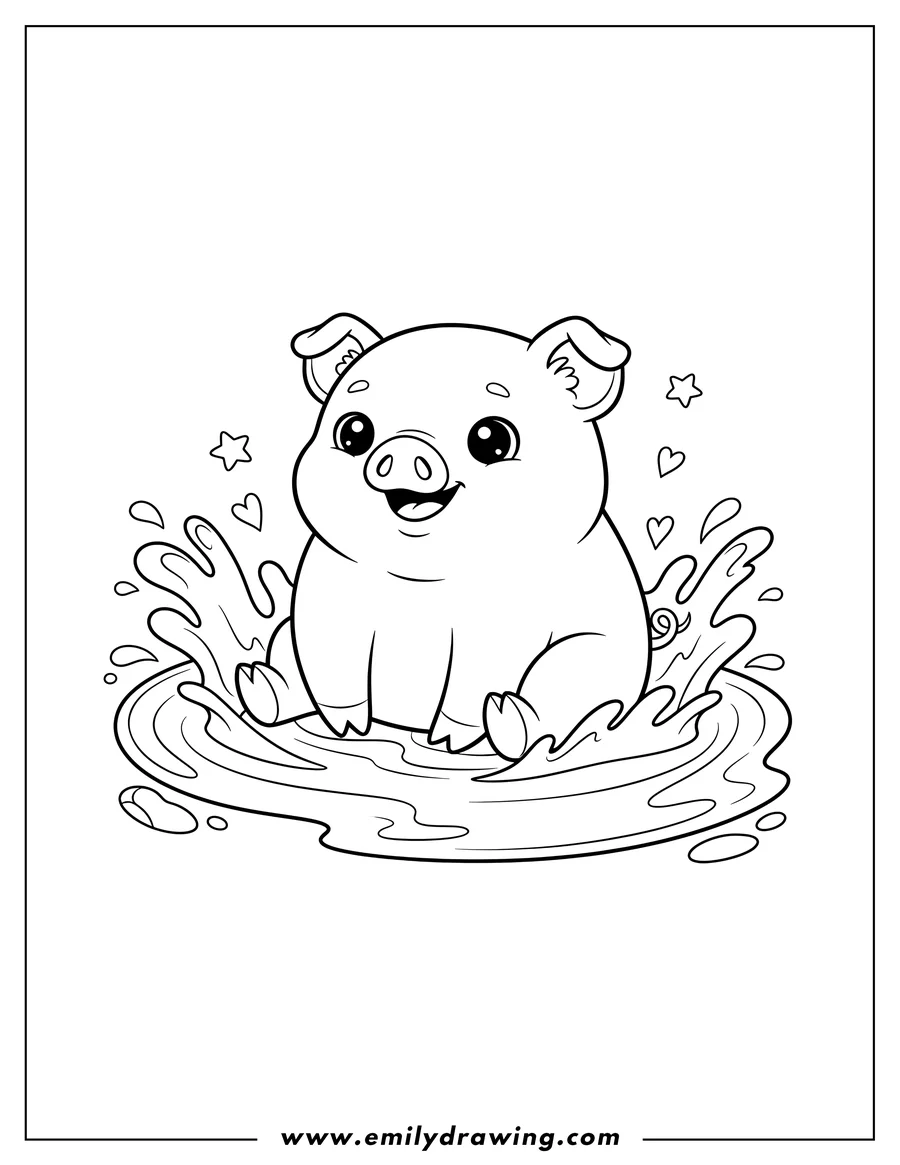 Printable line art of kawaii Piglet Smiling in a Mud Puddle