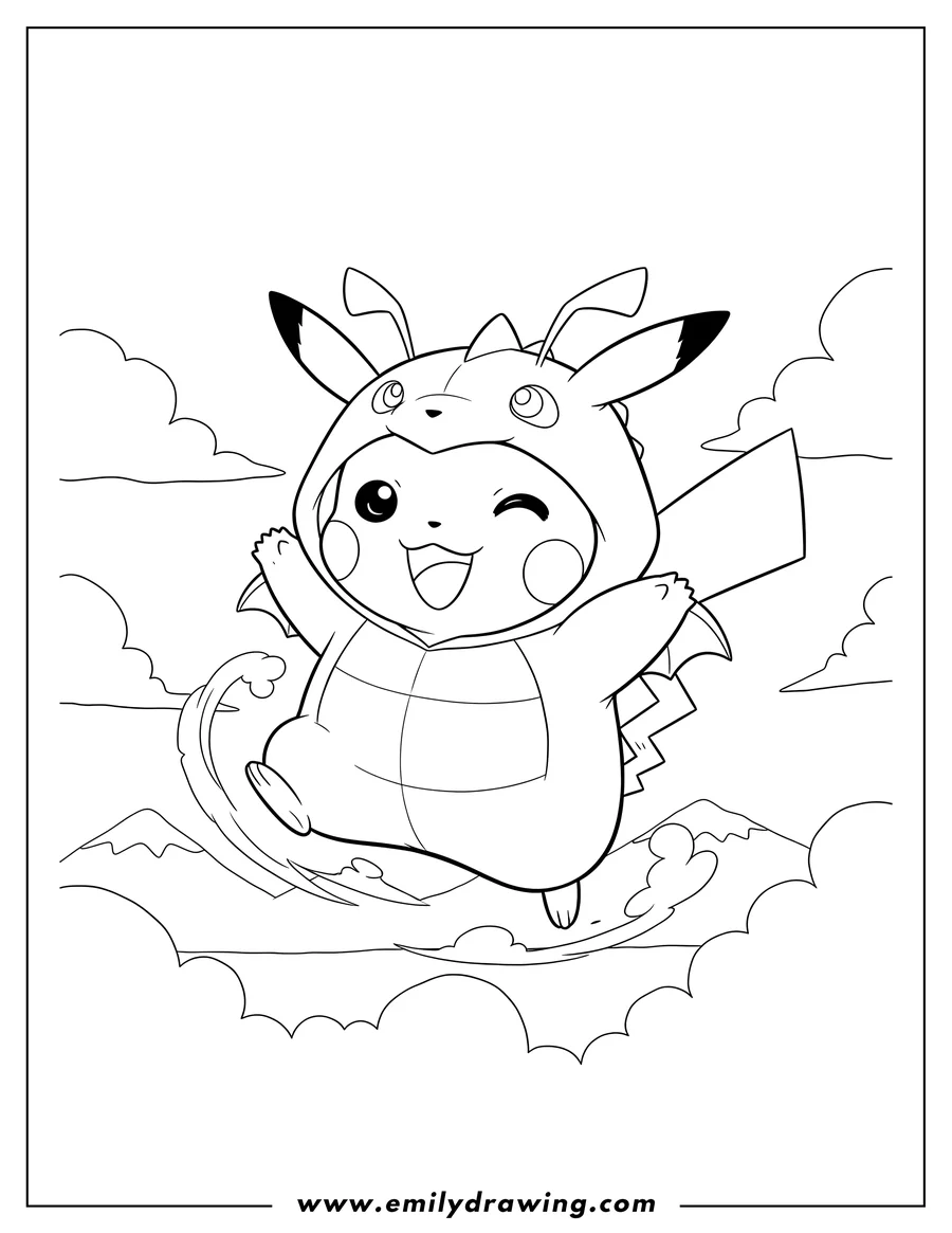 Downloadable coloring page of kawaii Pikachu Dressed As Dragonite, flying and smiling