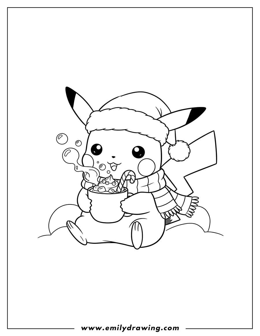 High quality printable kawaii Pikachu Drinking Hot Chocolate Preschoolers, wearing a Santa hat and scarf, sitting for coloring