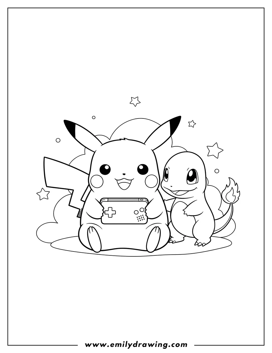 Full page coloring image of kawaii Pikachu holding a handheld game console with Charmander watching
