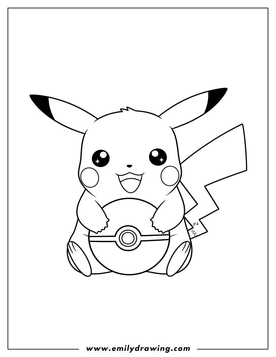 Linear illustration of kawaii Pikachu sitting, smiling, with sparkly eyes, hugging a Pokeball