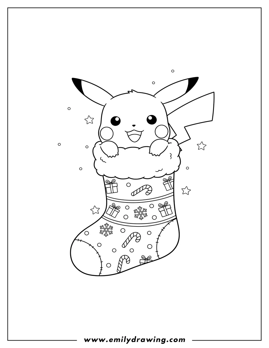 Free printable coloring sheet of kawaii Pikachu with its head and paws peeking out of a Christmas Stocking