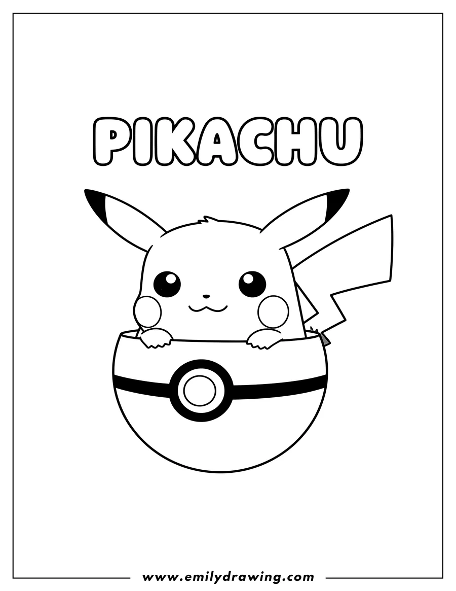 Coloring sheet featuring kawaii Pikachu peeking out of a Pokeball with the word 'Pikachu' above