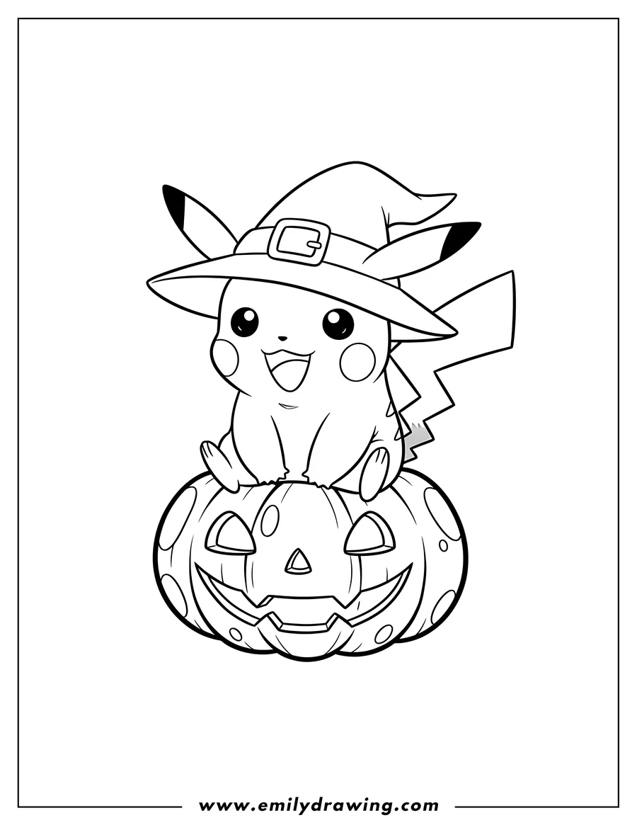 Coloring page for kids: kawaii Pikachu smiling in a witch's hat, sitting on a carved jack-o'-lantern