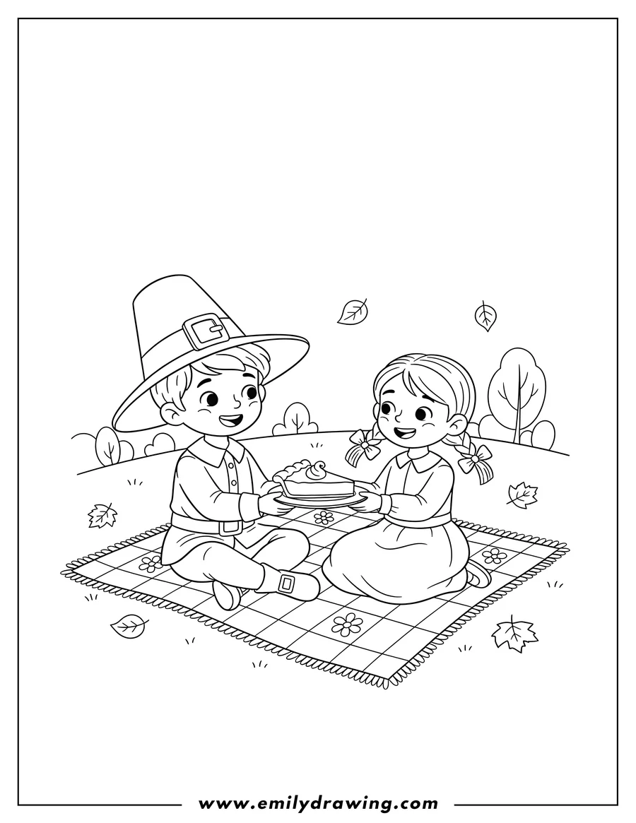 Coloring page of pilgrim boy in a hat giving a pumpkin pie slice to a girl with pigtails, while sitting on a picnic blanket