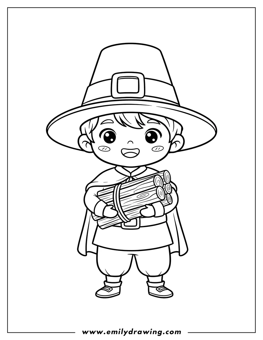 PDF style coloring page: kawaii Pilgrim Boy wearing a pilgrim hat with a buckle, smiling and carrying a bundle of logs