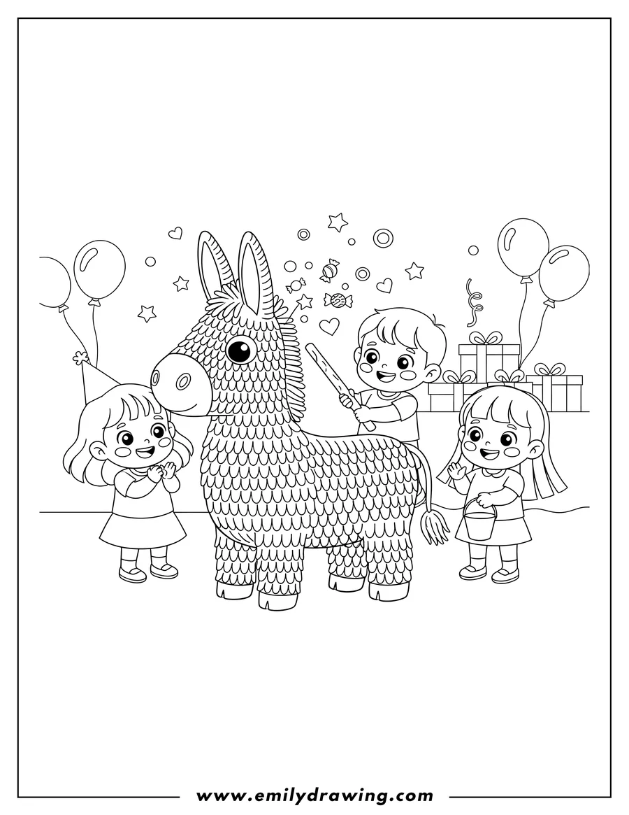 Vector style outline of kawaii Pinata Preschoolers, with a donkey-shaped pinata, layered frills
