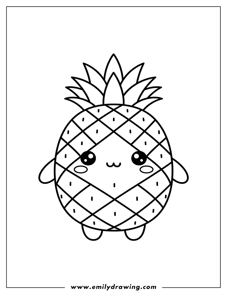 Printable line art of kawaii Pineapple Scaled, with a cute face, tiny outstretched arms, and little feet