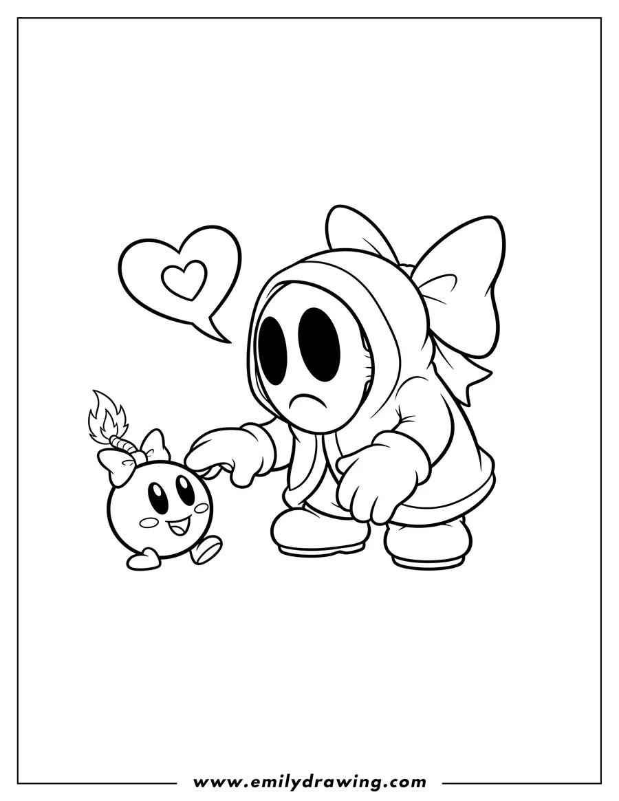 Doodle style coloring picture of pink Shy Guy with a bow and a heart speech bubble about to pet a Bob-omb with a bow