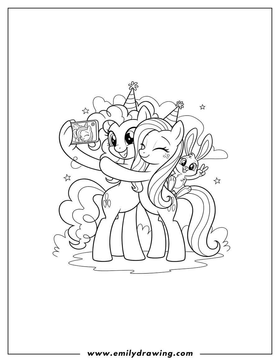 Linear illustration of pinkie Pie and Fluttershy hugging for a selfie, with Angel Bunny