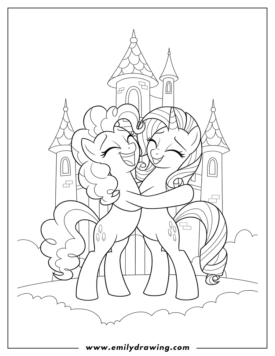 Printable line art of pinkie Pie Laughing and Hugging Smiling Rarity Front Castle
