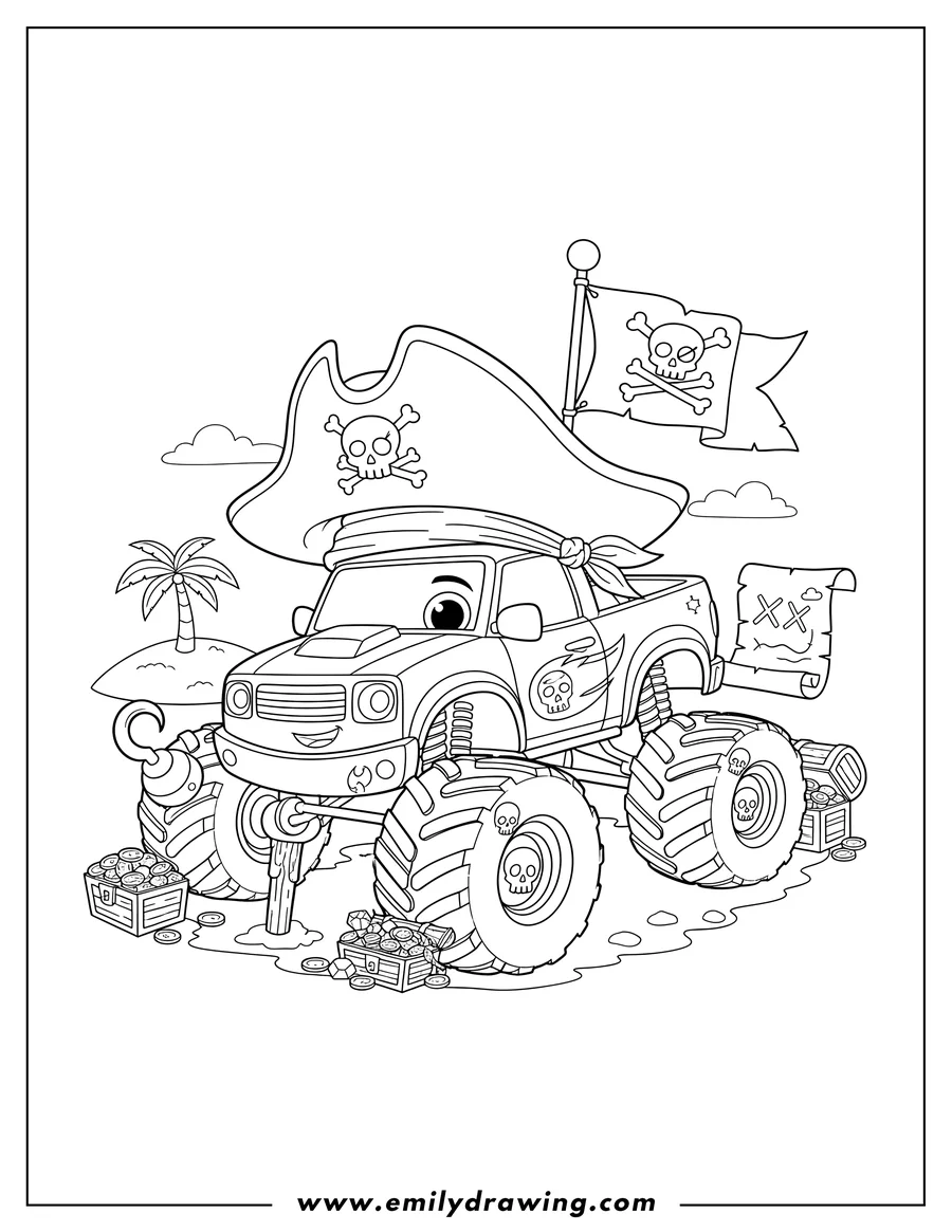 Downloadable coloring page of [Refined Scene]: Kawaii Pirate Blaze monster truck, wearing a pirate hat