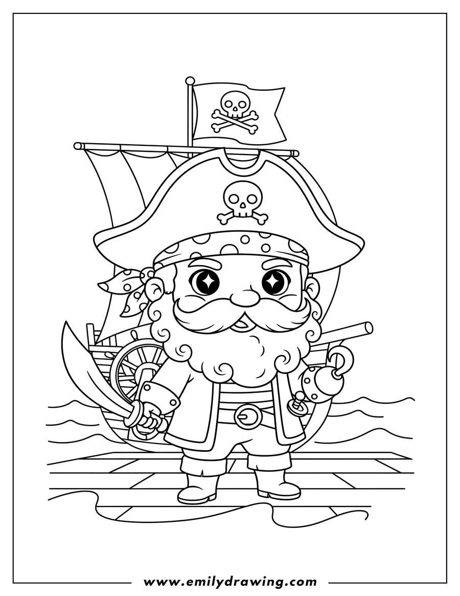 Printable coloring page of kawaii Pirate with Beard and Hat On Deck Pirate Ship with Skull and Crossbones