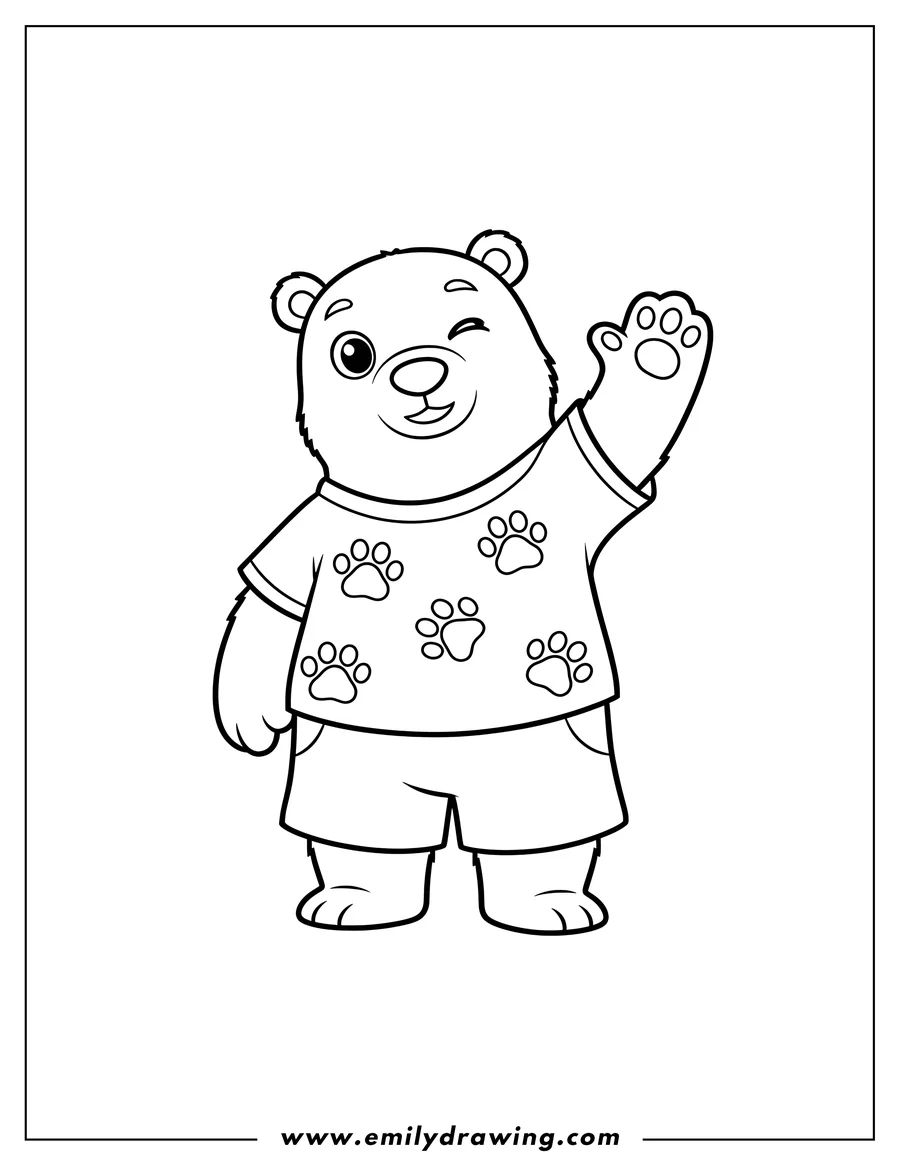 Linear illustration of poby Winking And Waving, wearing a t-shirt with paw prints and shorts