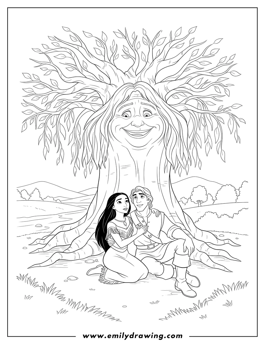 Linear illustration of pocahontas kneeling with John Smith, arm around her, looking up at Grandmother Willow