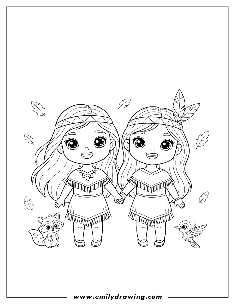 Coloring page for kids: kawaii Pocahontas Preschoolers, standing and smiling