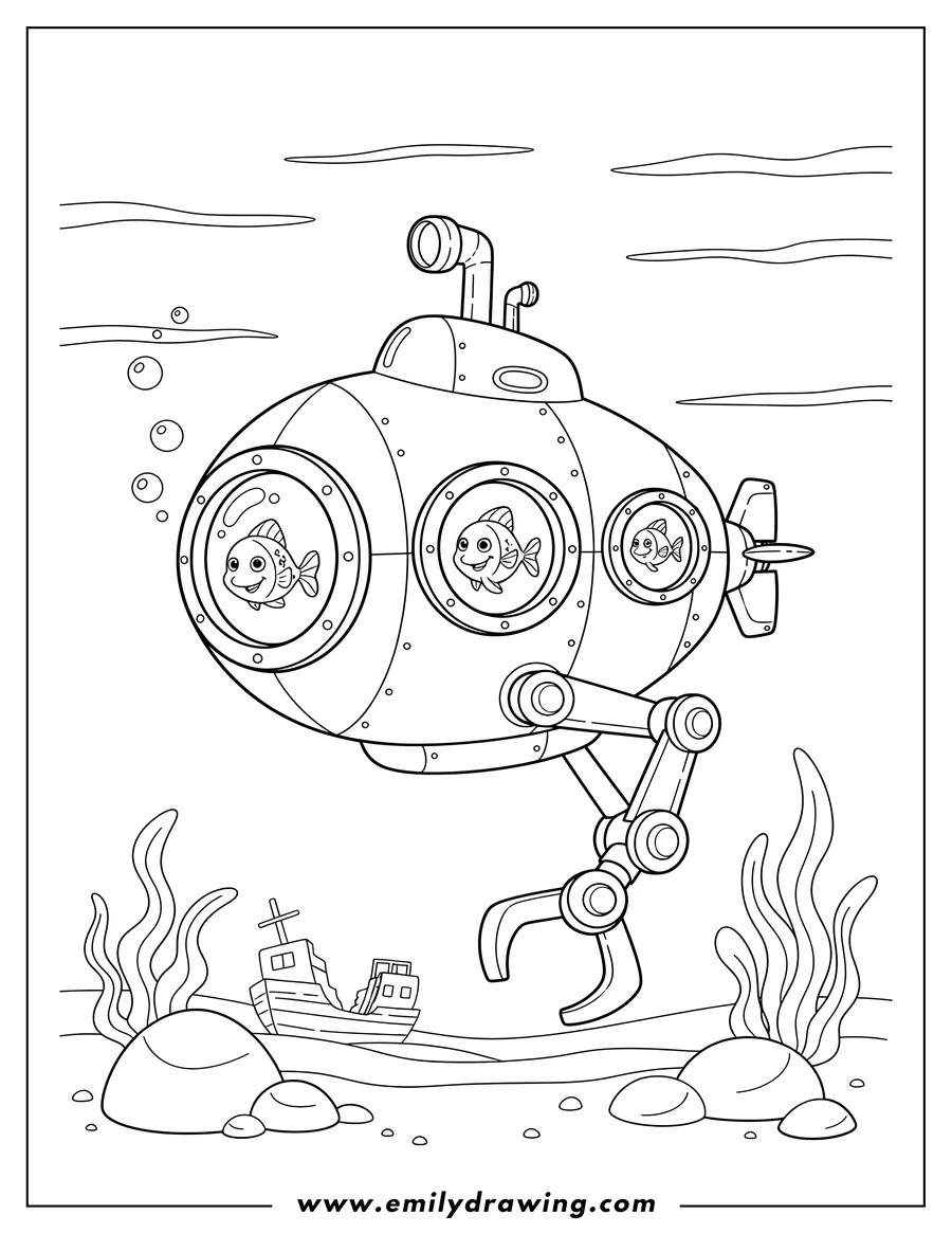 High quality printable pocket Submarine with portholes and a mechanical arm descending to the ocean floor for coloring