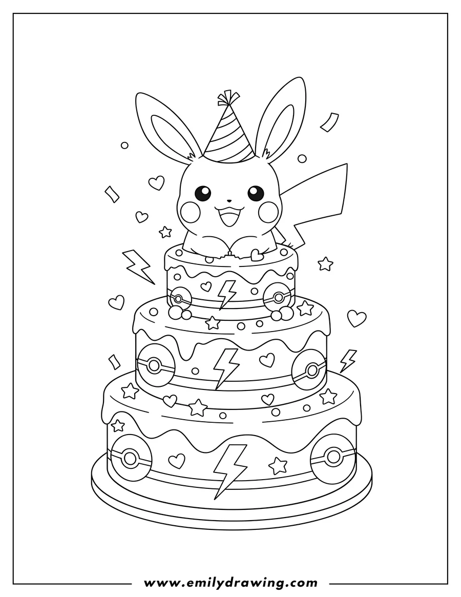 Coloring page of kawaii Pokemon Birthday Cake with a bunny-eared Pikachu on top, decorated with Pokeballs and lightning bolts