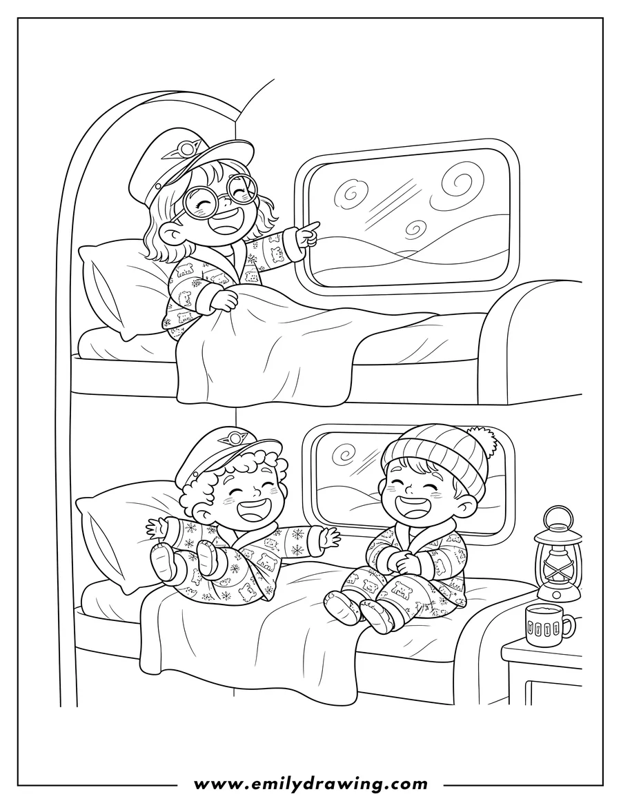 Coloring page for kids: kawaii Polar Express Passengers Preschoolers laughing on a train bunk bed